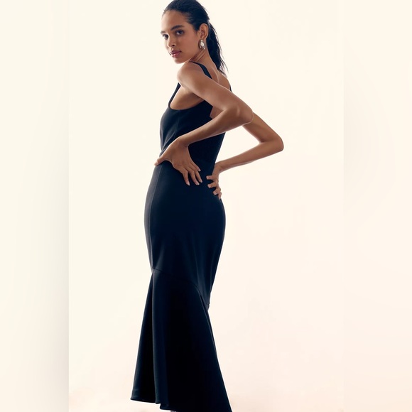 〰️Anthropologie The Ariana Square-Neck Asymmetrical Ruffle-Hem Dress in Black - Picture 2 of 8